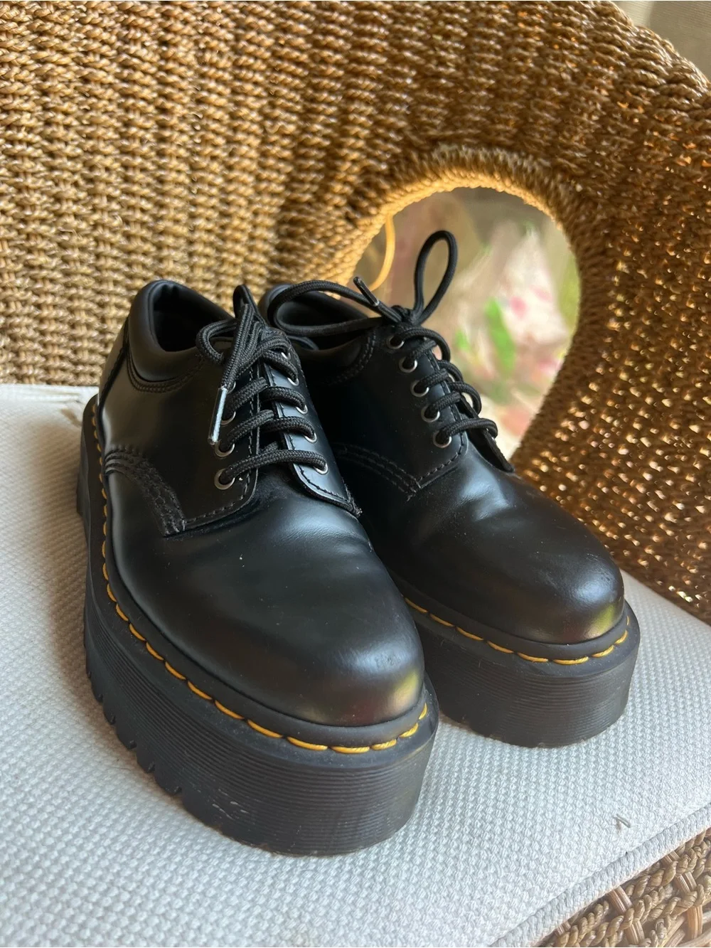 Dr. Martens Chunky Black Platform Lace-Up Shoes with Yellow Stitching